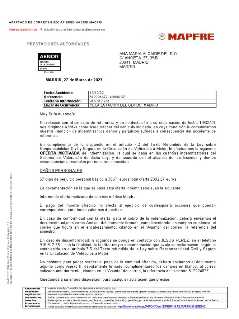 Oferta de Indemnización Mapfre 2023 | PDF | Seguro | Daños y perjuicios