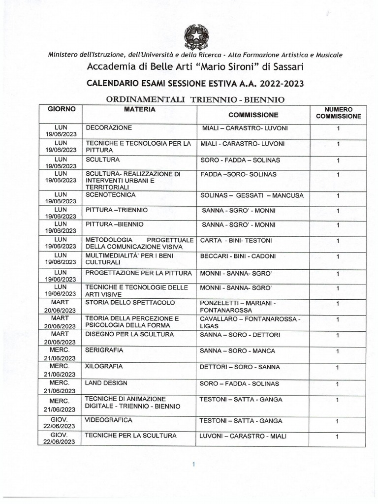 Calendario Esami Di Passsaggio Sessione Estiva A.A. 20222023