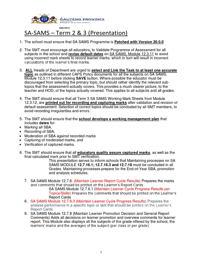 SA-SAMS Term 2 & 3 Guidelines | PDF | Learning | Geography
