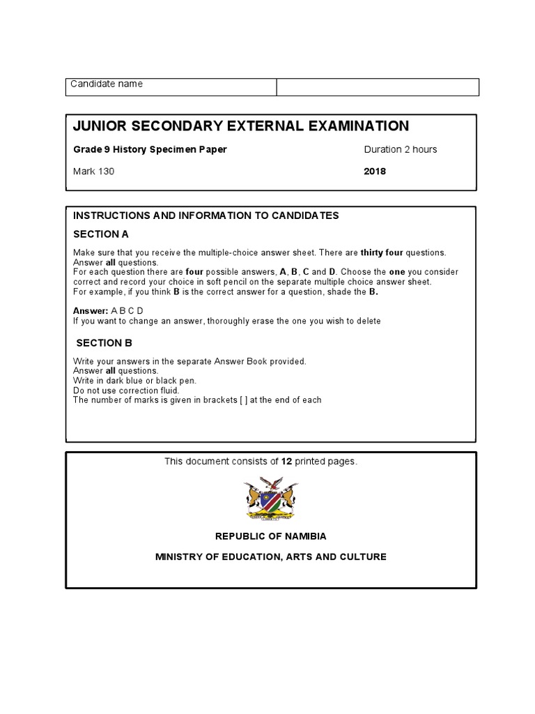 Js History Specimen Grade 9 | Download Free PDF | Namibia | Multiple Choice