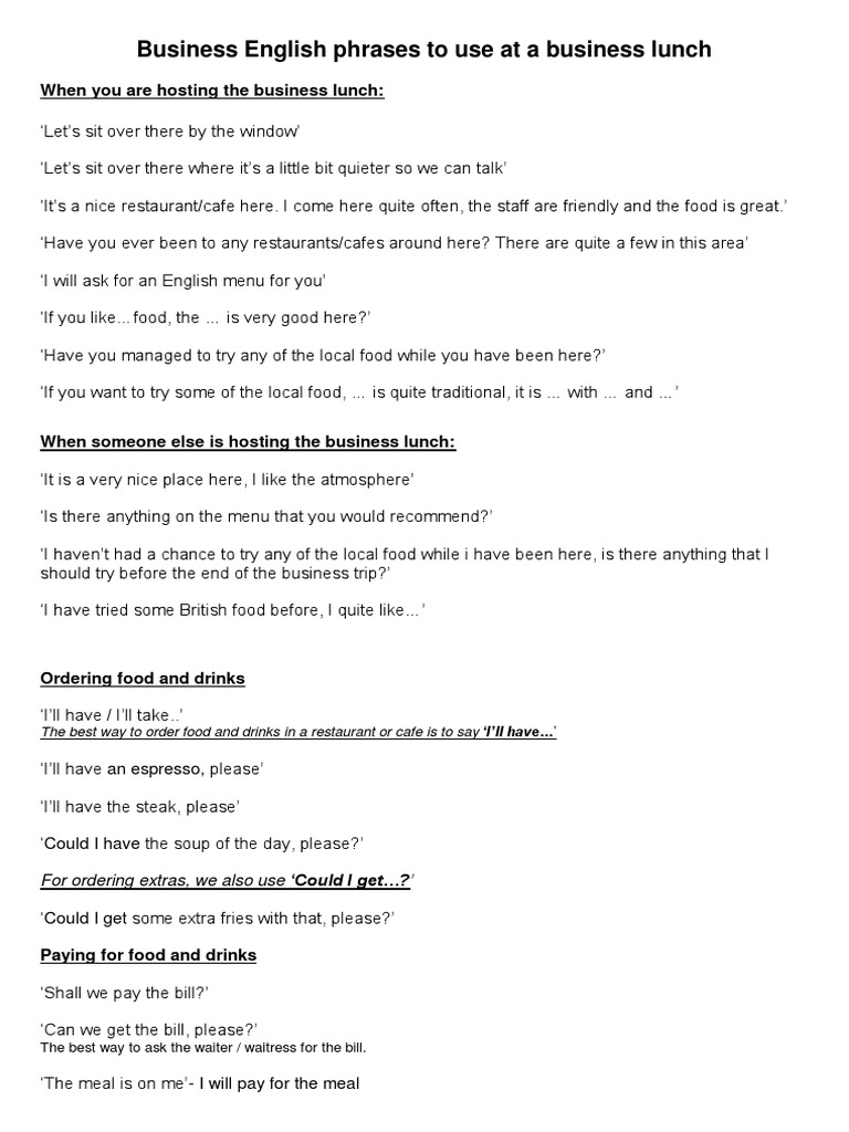 Business English Phrases for Ordering Food, Paying the Bill, and