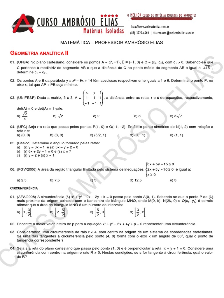 Questões de Geometria Analítica II | PDF