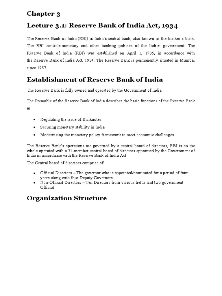 Chapter 3. Lecture 3.1 RBI, 1934 | PDF | Reserve Bank Of India | Banks