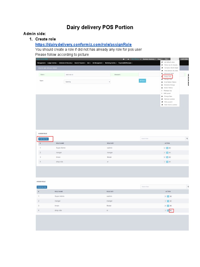 Dairy Delivery POS Portion: Admin Side: 1. Create Role | PDF