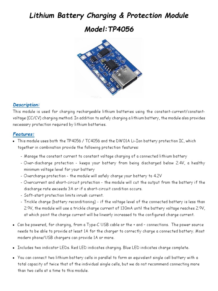 Lithium Battery Charging & Protection Module Model:TP4056: Description ...