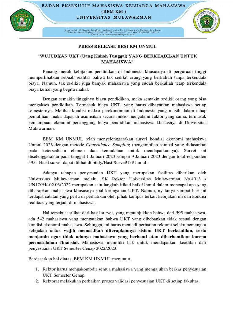 Press Rilis Bem Unmul - Ukt Berkeadilan (Genap) | PDF