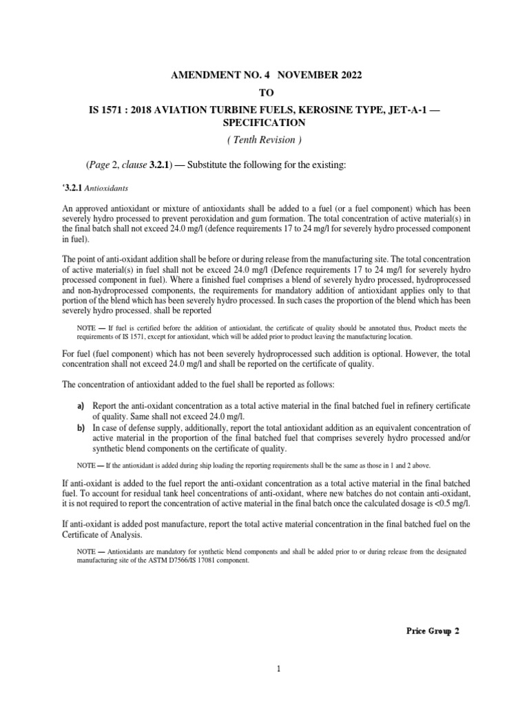 Amendment No. 4 November 2022 TO Is 1571 2018 Aviation Turbine Fuels