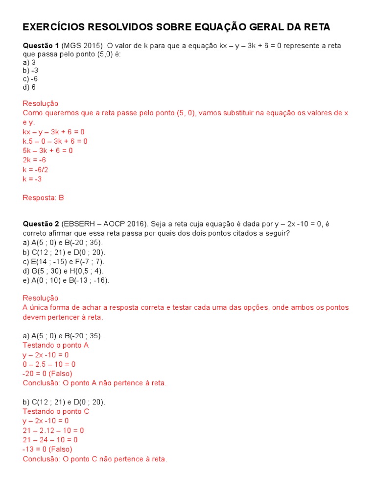 Exercícios Resolvidos: Equação da Reta | PDF | Equações | Linha (Geometria)