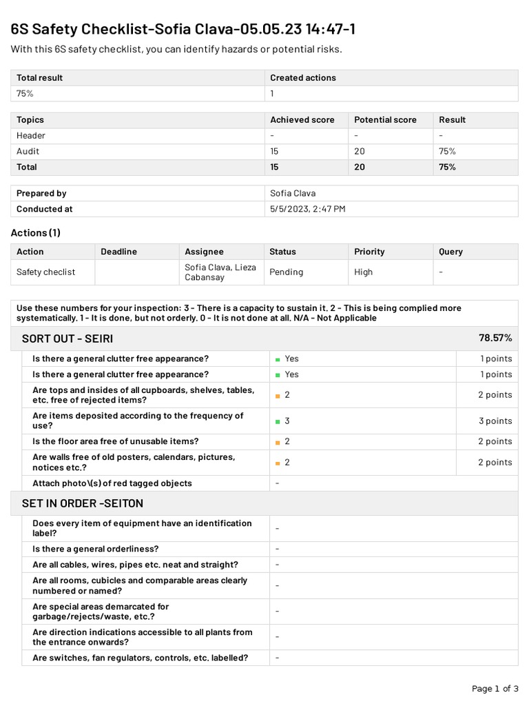 6S Safety Checklist for Workplace Audit PDF Safety