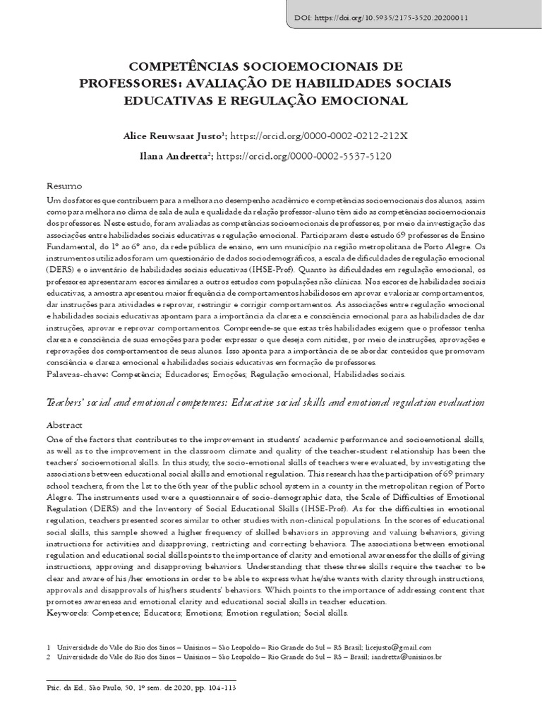 Avaliação de Habilidades Sociais Educativas e Regulação Emocional | PDF