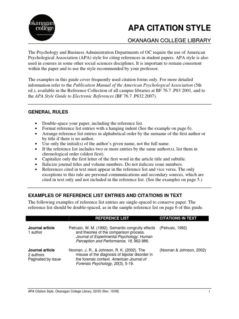 APA Handout Apa Style Citation
