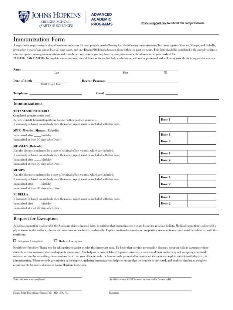 JHU Immunization Requirements Form | PDF | Measles | Public Health