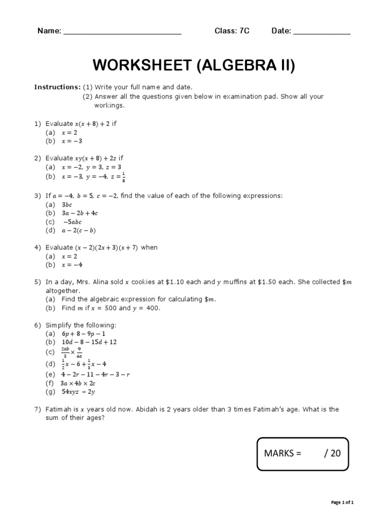 Algebra II (Worksheet) | PDF
