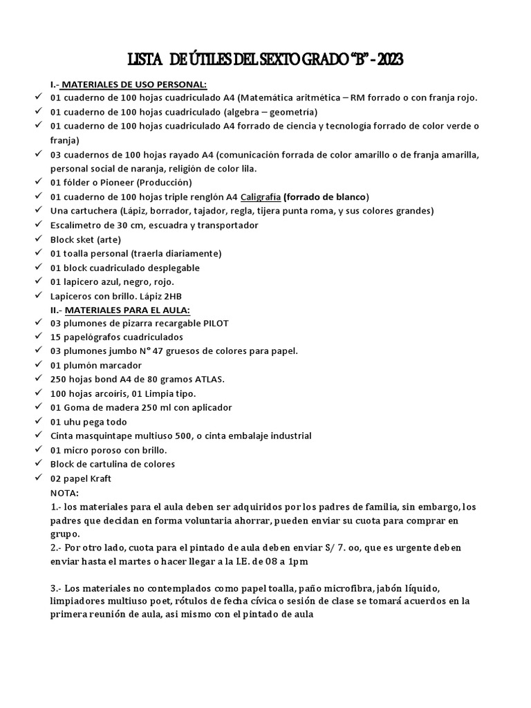 Lista de Útiles Del Quinto Grado | PDF