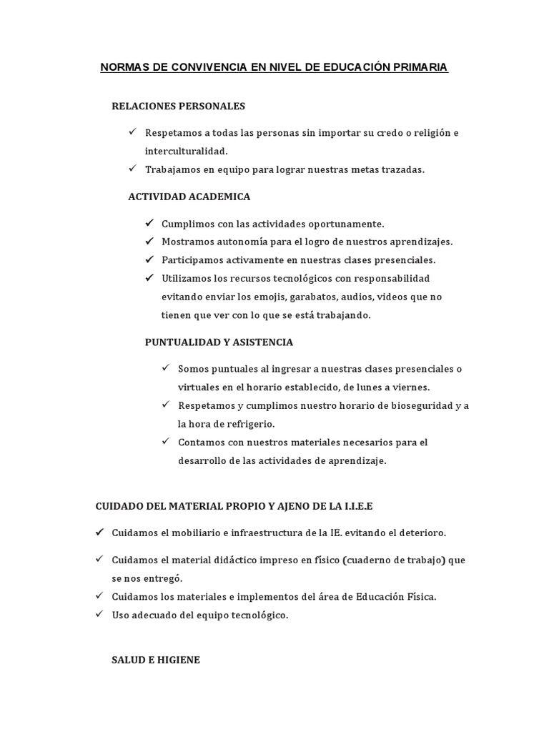 Normas de Convivencia en Nivel de Educación Primaria | PDF