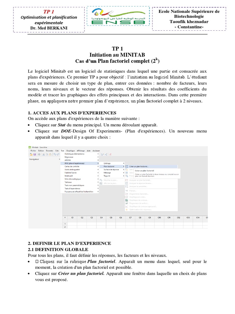 TP1 Initiation Au MINITAB Cas D'un Plan Factoriel Complet (2) | PDF ...