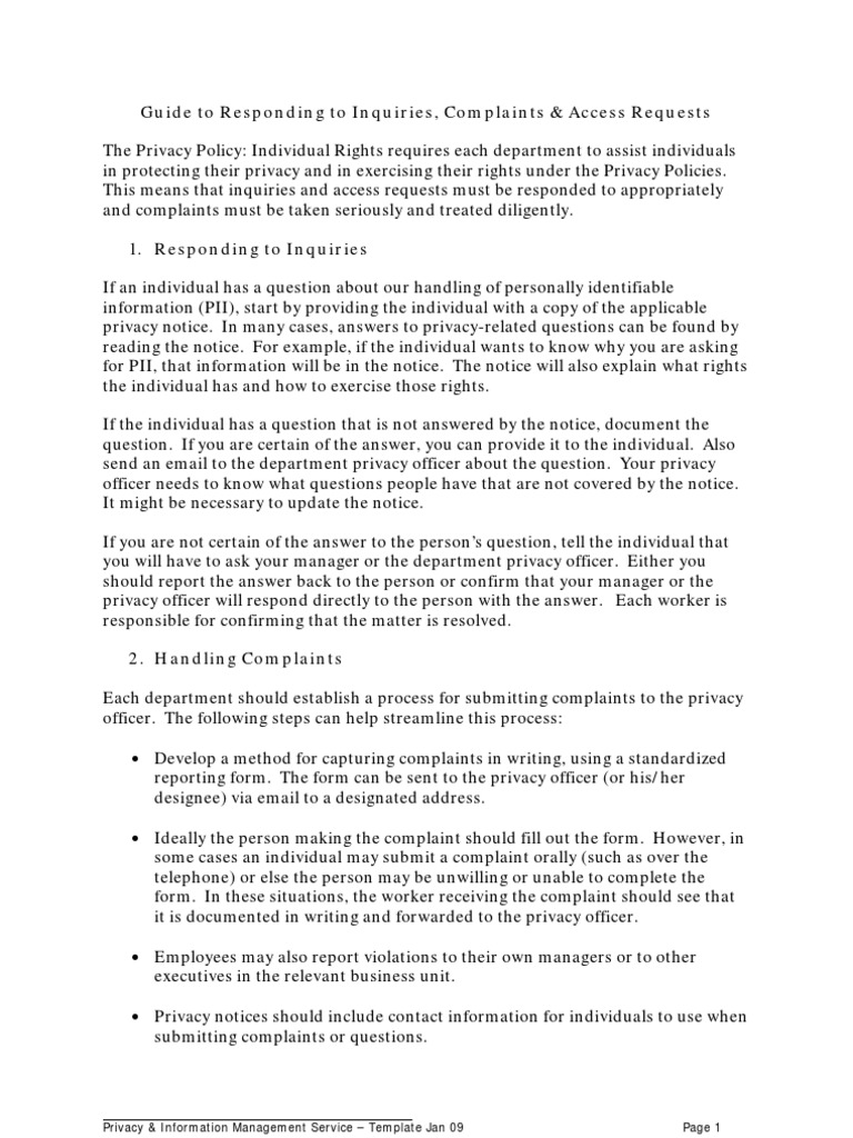 Privacy Inquiry and Complaint Response Guide | PDF | Privacy ...