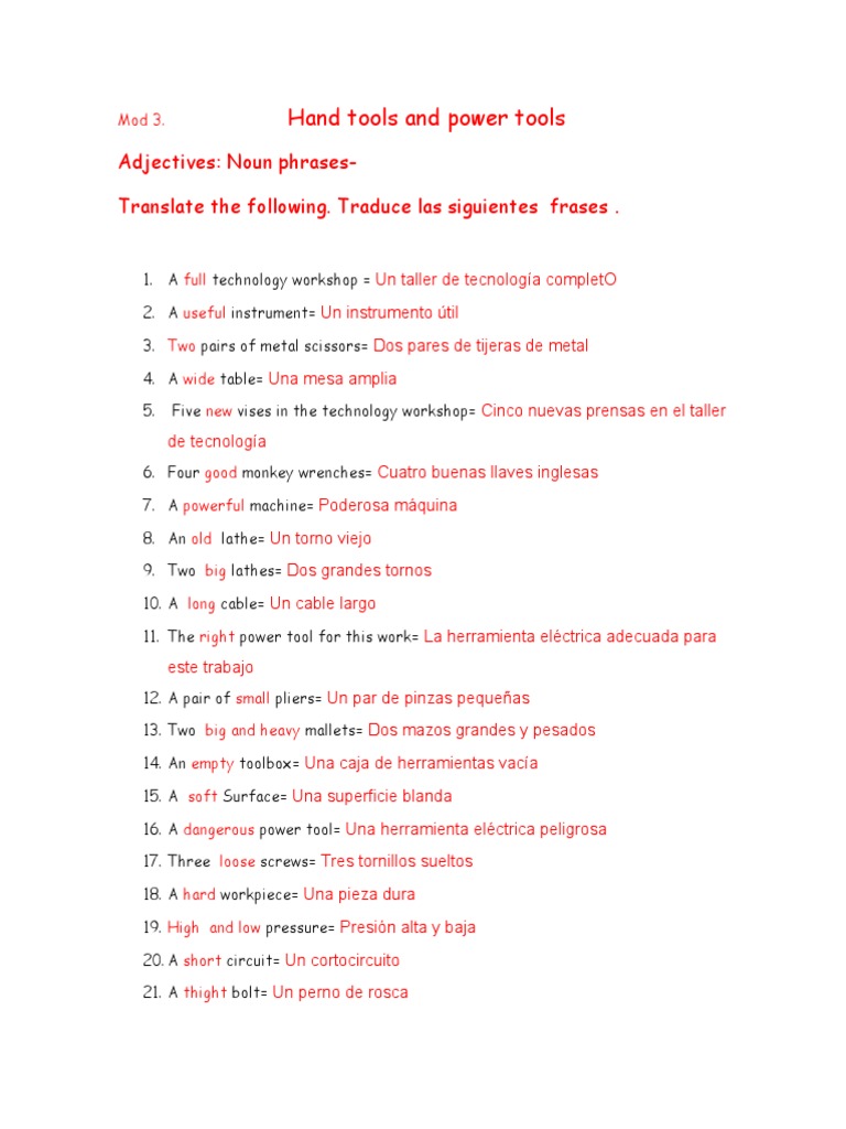 Mod 3 H Tools. Noun Phrases Ingles Español | PDF