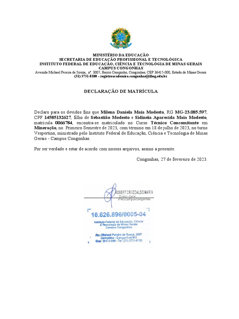 Declaração Matrícula- IFMG.pdf | PDF