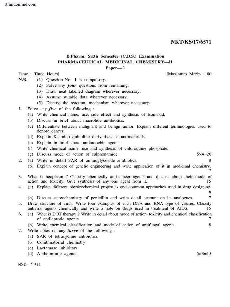 Bpharm 6 Sem Pharmaceutical Medicinal Chemistry 2 Paper 2 Summer 2017 ...
