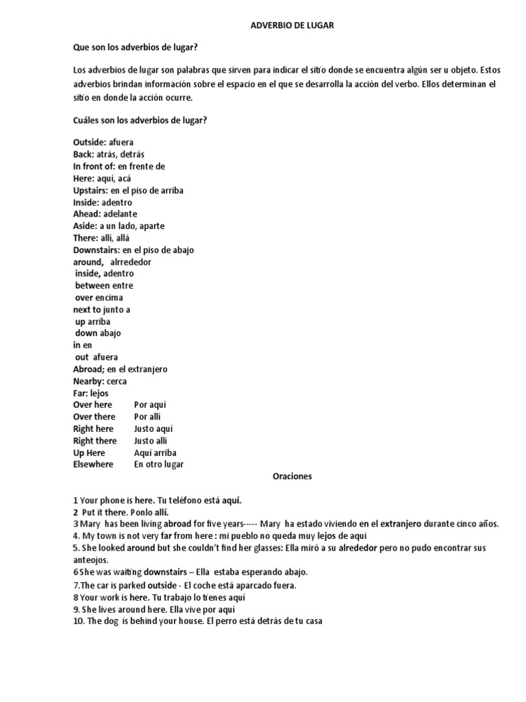 ADVERBIO DE LUGAR Ingles | PDF | Artes del Lenguaje y Comunicación