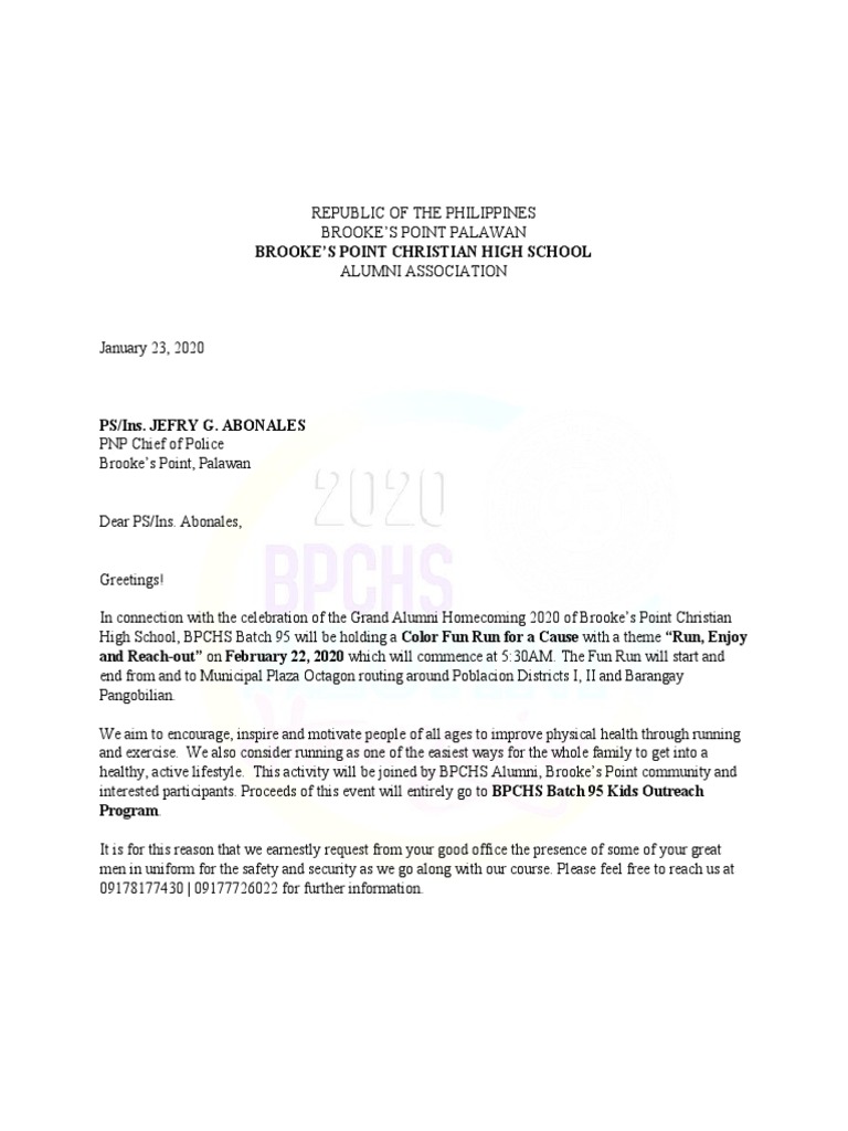 Request for Support and Assistance for the Upcoming BPCHS Batch 95 ...