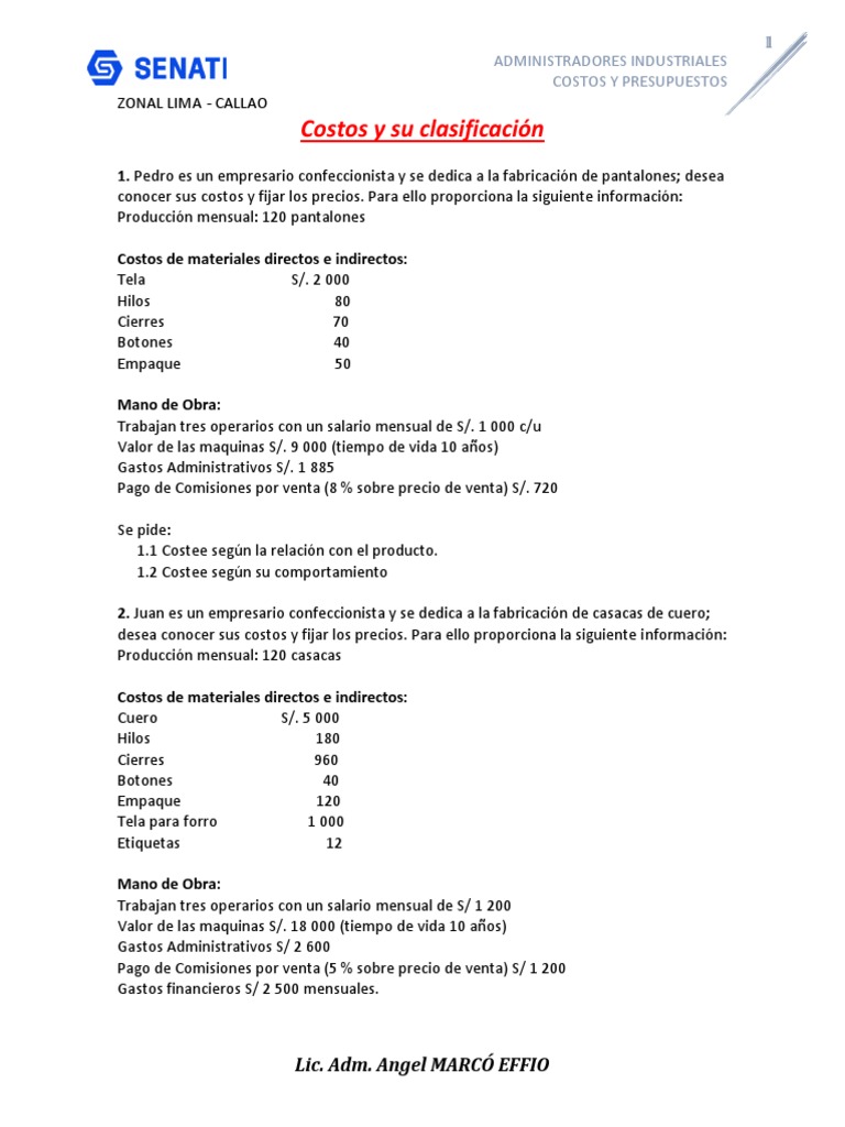 1.2 Ejercicios de Costos y su clasificación | PDF | Presupuesto | Economias