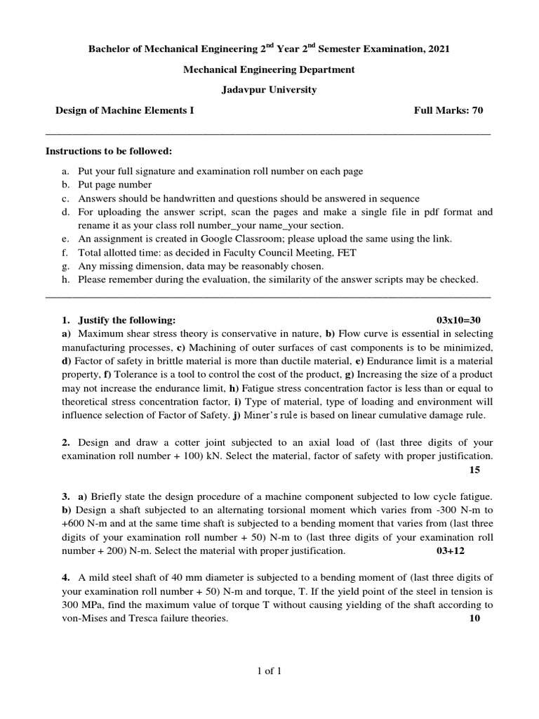 SEM QP of Design of Machine Elements I | PDF | Stress (Mechanics ...