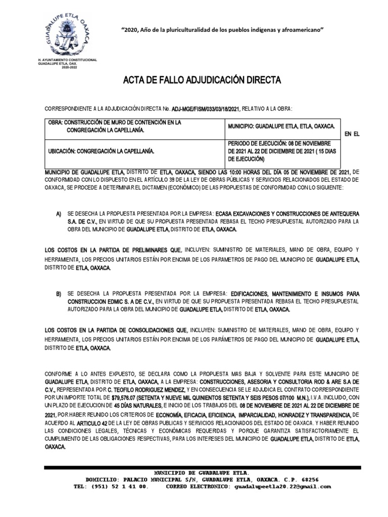 Acta de Fallo de Adjudicación Directa Muro Resurreccion | PDF
