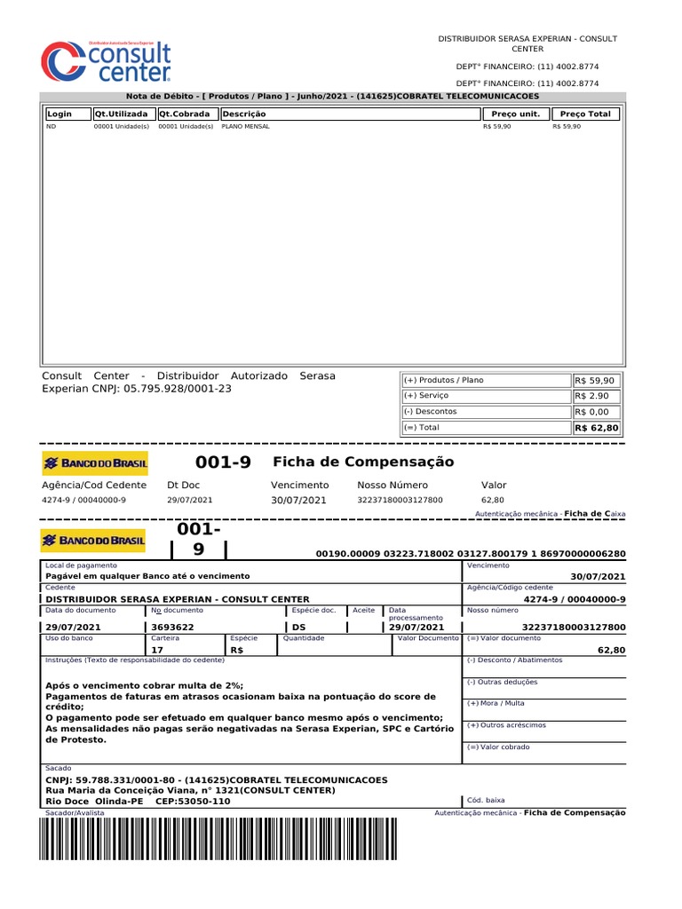 Ficha de Compensação: Consult Center - Distribuidor Autorizado Serasa ...