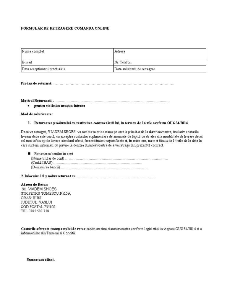 Formular Retur Viadem Shoes | PDF