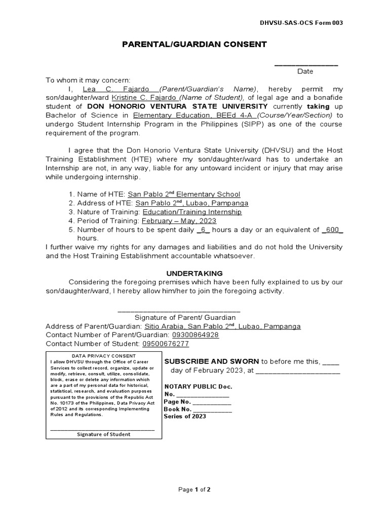 Parental Consent for Student Internship | PDF | Justice | Crime & Violence