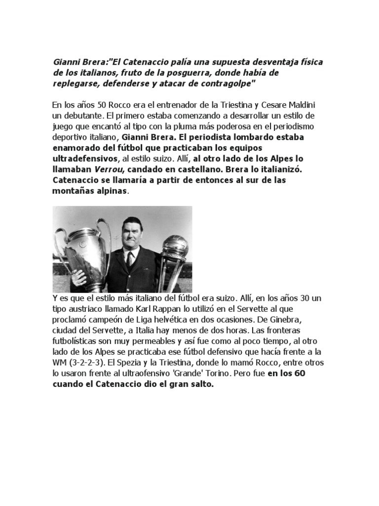 Historia y Evolución del Catenaccio | PDF | Códigos de fútbol | Clubes ...