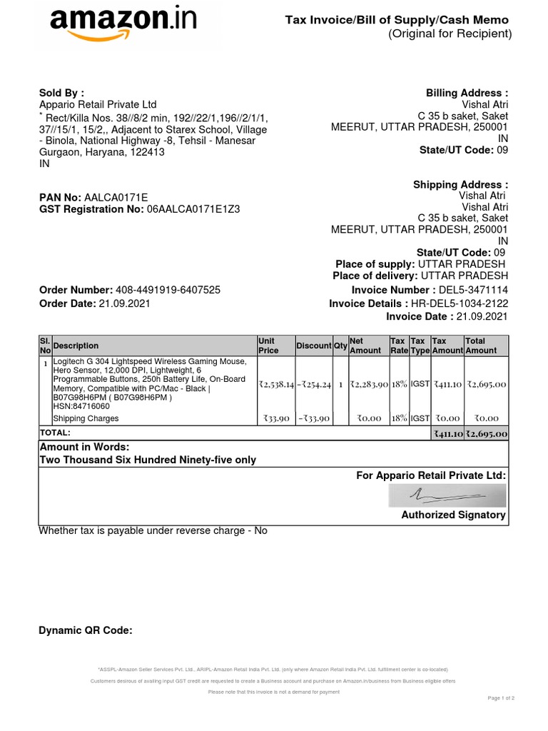 Amazon GST Invoice for Logitech Mouse | PDF | Invoice | Trade