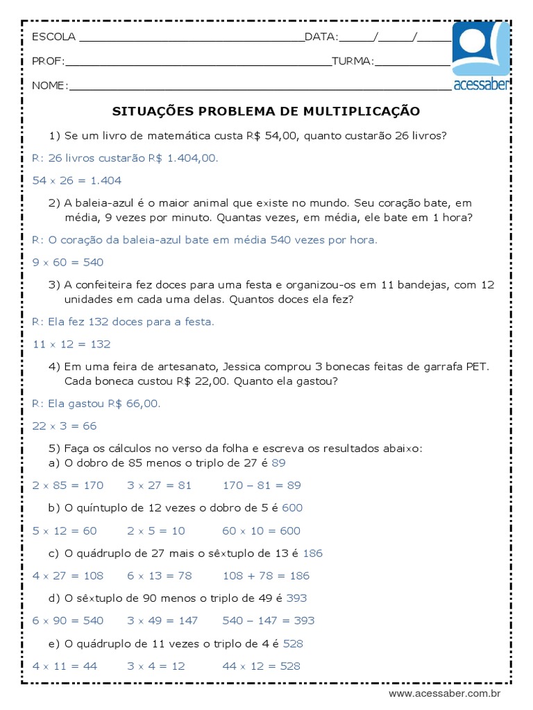 Atividade de Matematica Situacoes Problema de Multiplicacao 5 Ano e 6 ...