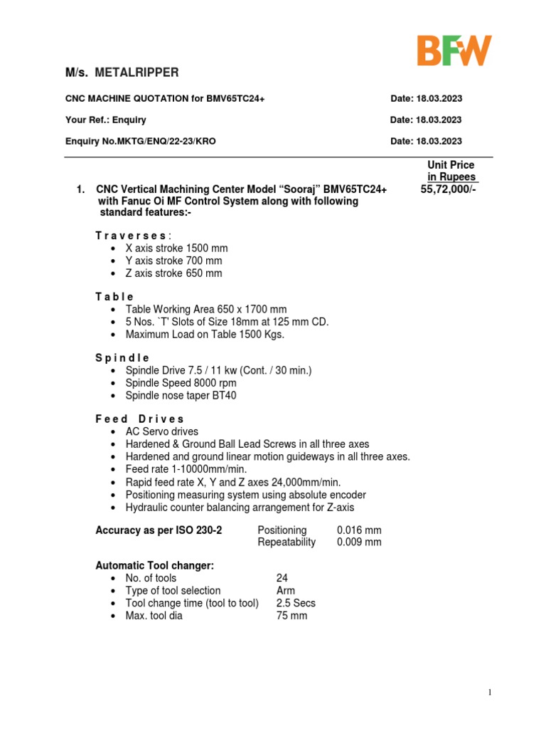 CNC Machine Quotation for BMV65TC24+ | PDF