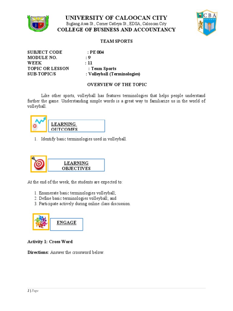 Module 9 Week 10 Pe 004 Terminologies Of Volleyball Pdf Volleyball