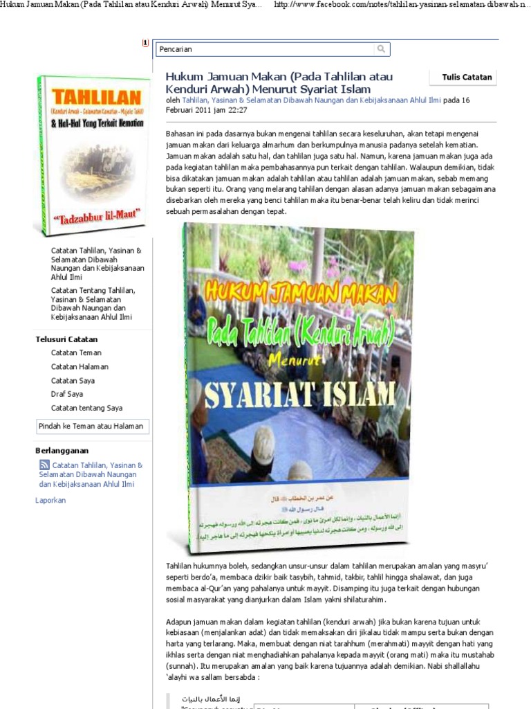 Hukum Jamuan Makan Pada Tahlilan Atau Kenduri Arwah Menurut Syariat Islam 1 Pdf