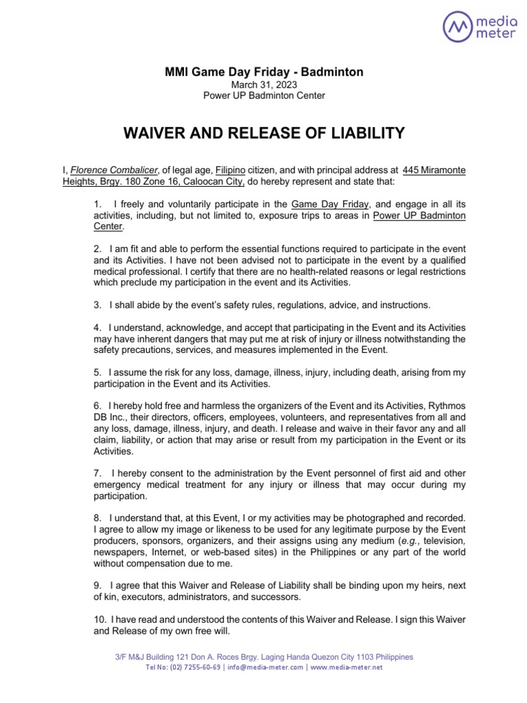 Badminton Event Liability Waiver | PDF | Legal Liability