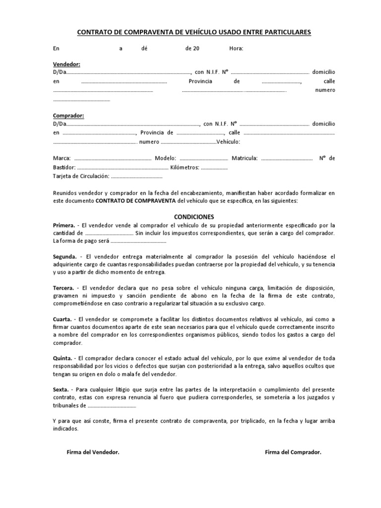 Contrato de Compraventa de Vehículo Usado Entre Particulares | PDF