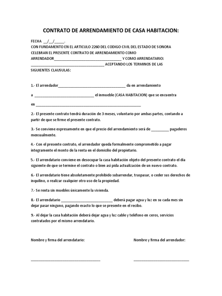 Contrato de Arrendamiento Casa Habitación | PDF