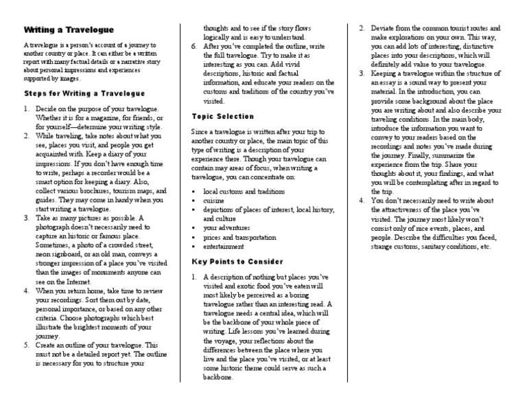 Topic Vi B - Travelgoue or Travel Essay | PDF | Travel Literature | Essays