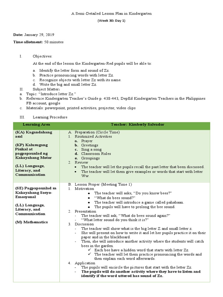 Kindergarten Lesson Plan: Letter Zz | PDF | Teachers | Lesson Plan