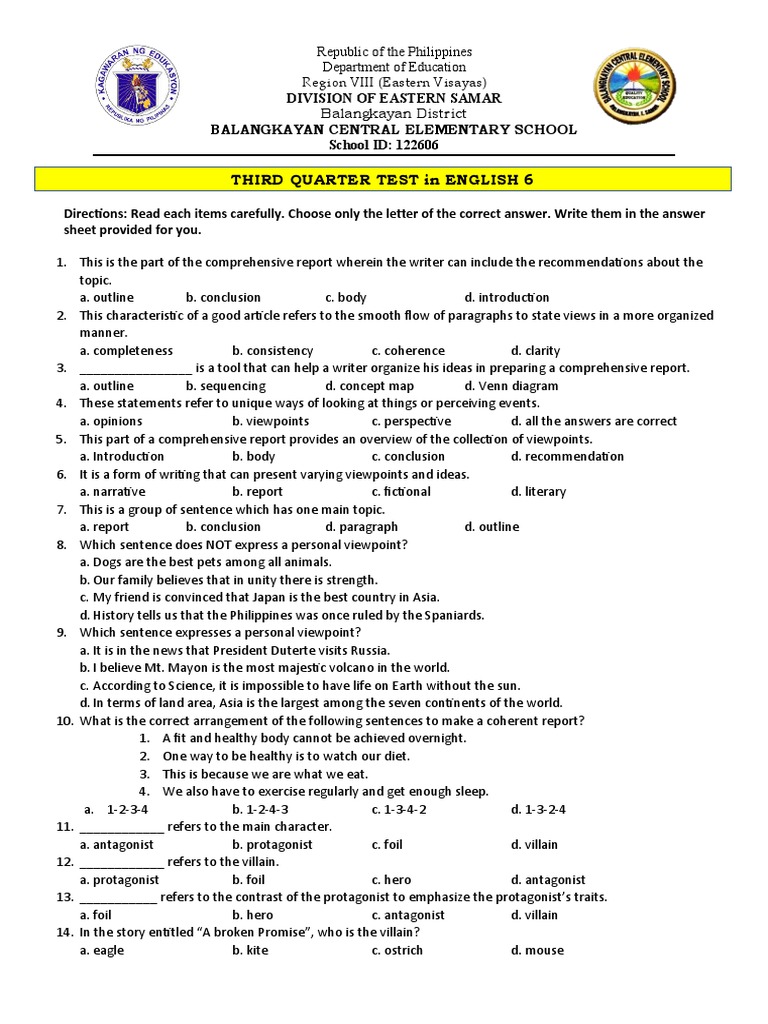 English 6 Third Quarter Test | PDF | Plot (Narrative) | Thought
