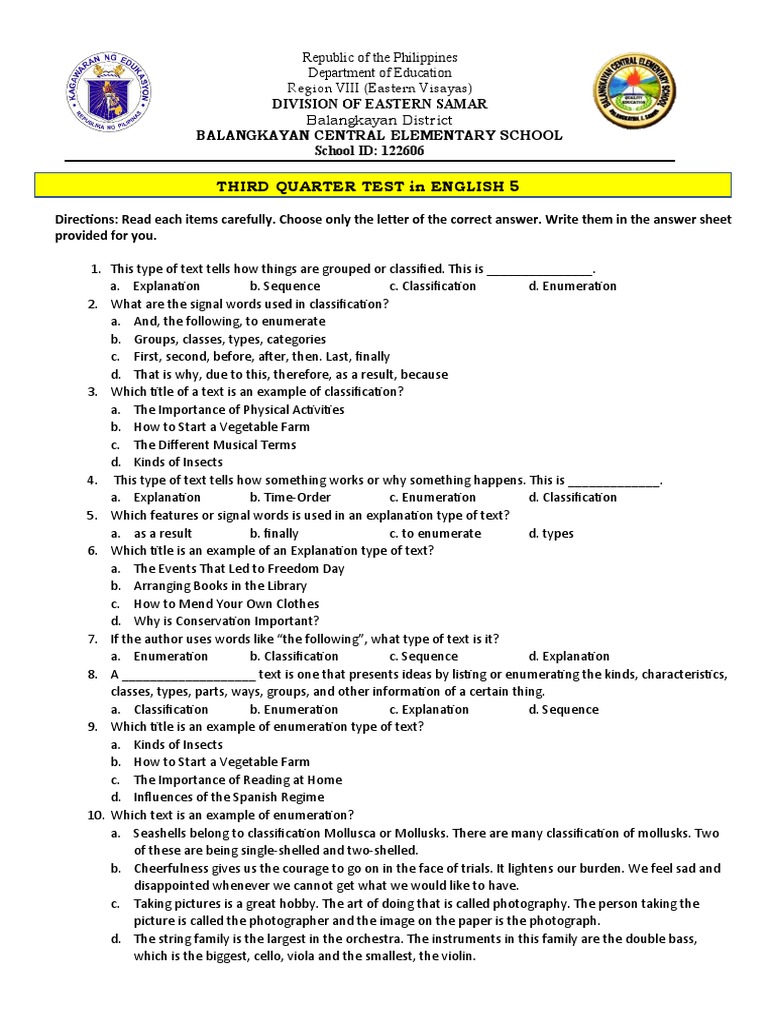 Third Quarter Test Grade 5 | PDF | Statistics | Evidence