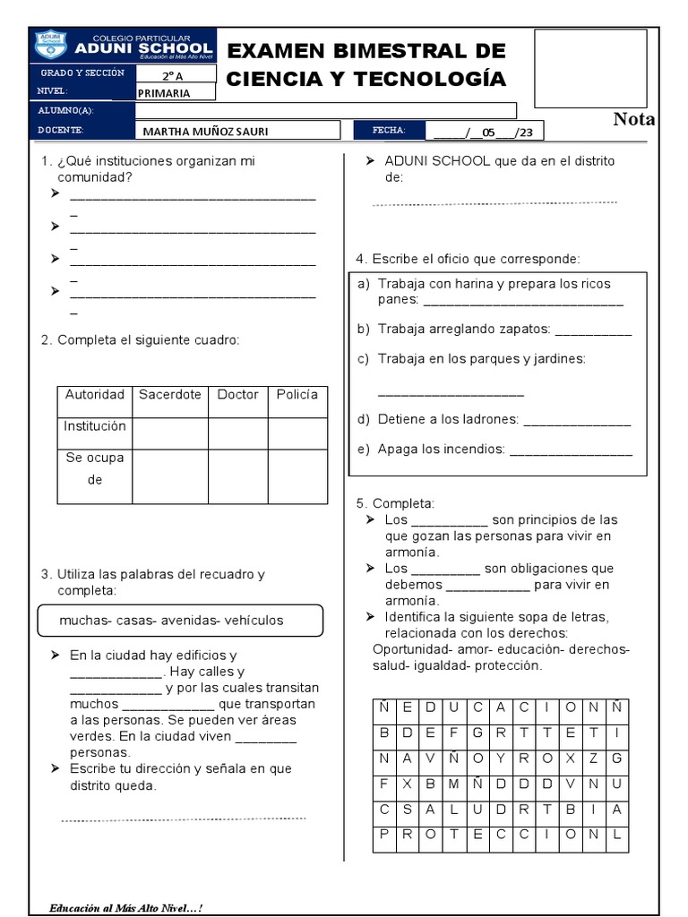 Examen Bimestral de Ciencia y Tecnología | PDF