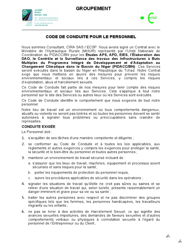 Code de Conduite PSEA pour le Personnel | PDF | Sécurité | Viol