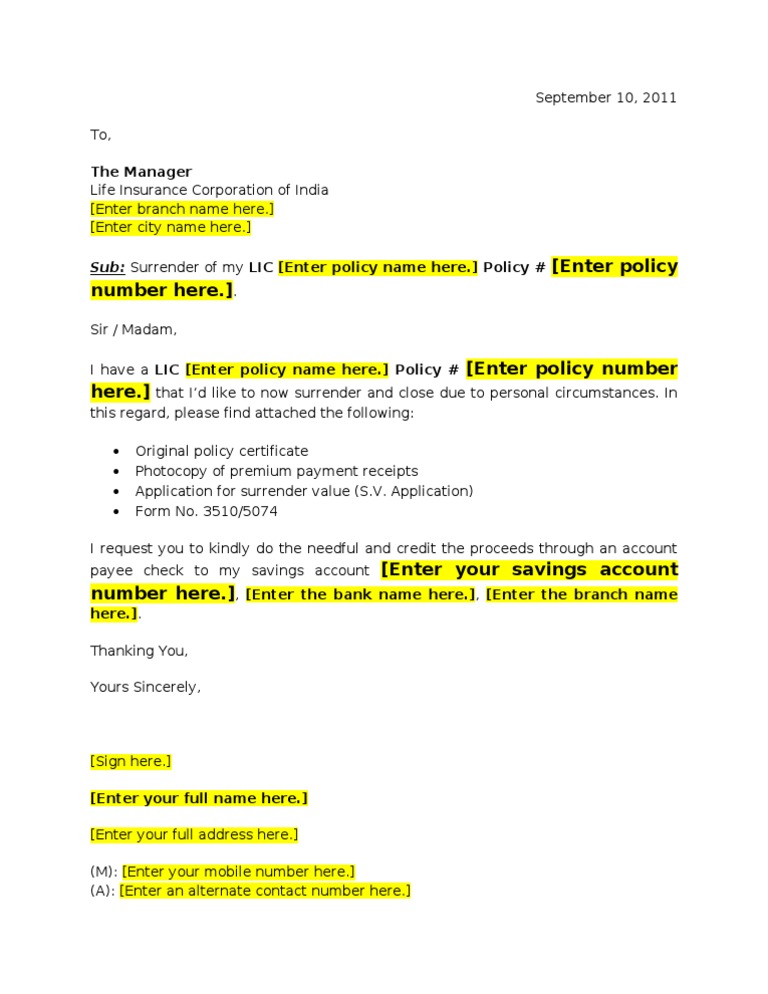 LIC Market Plus Surrender Request Letter Template