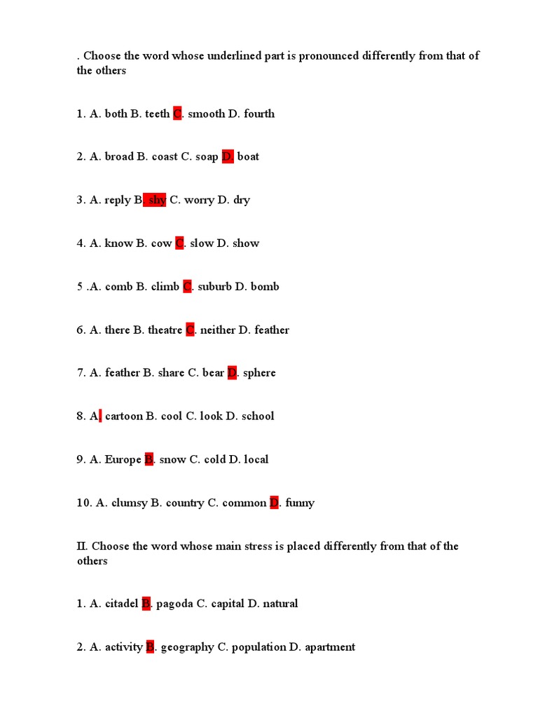 Choose The Word Whose Underlined Part Is Pronounced Differently From