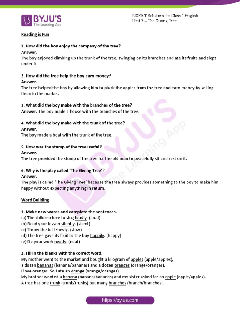 class 4 english unit 7 the giving tree question answer